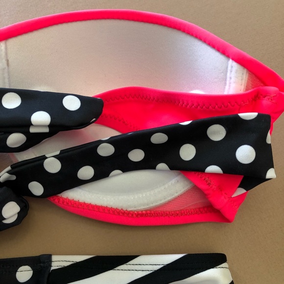 Neon Pink Black & White Striped Polka Dot Bikini - Picture 3 of 8